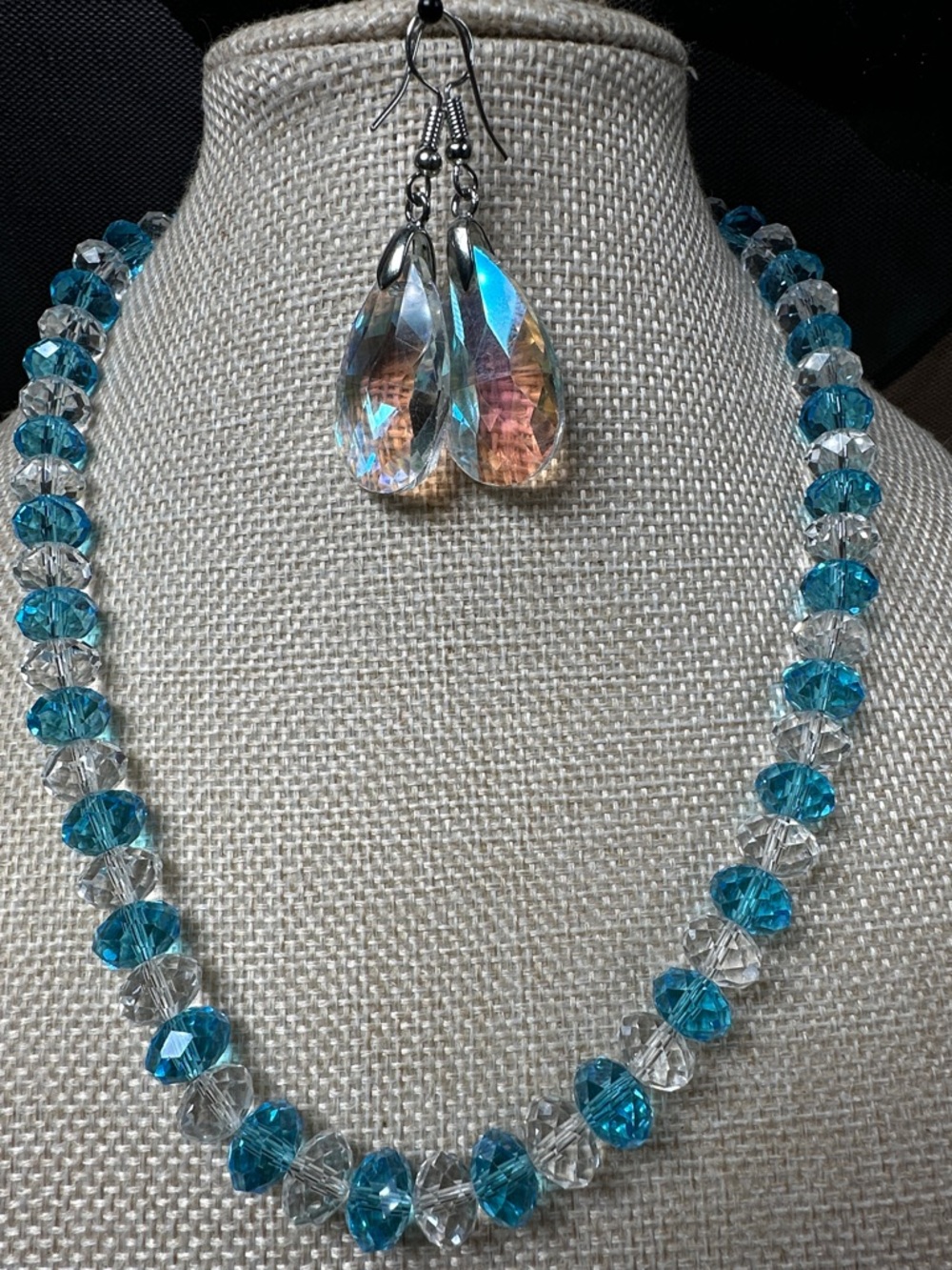 16” Vintage Crystal Teardrop Drop Earrings and Blue Faceted Bead Necklace